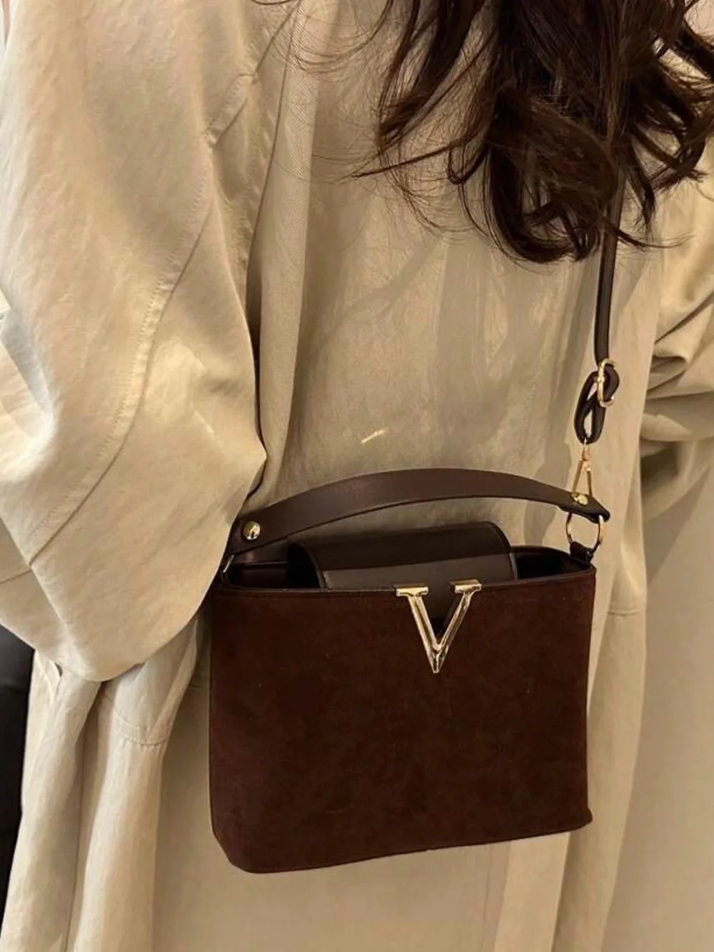 Dark Brown Suede Women's Shoulder Bag with Gold V Accent